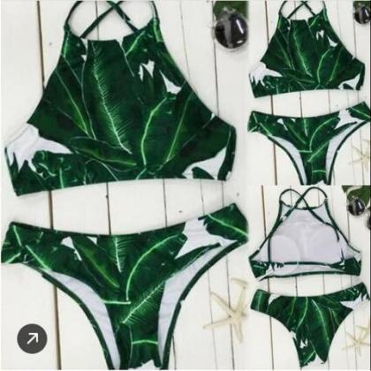 Halter Neck Green Leaf Two Piece Bikini