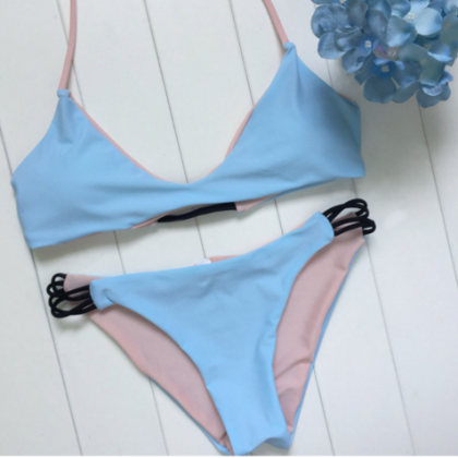 Pure Color Blue Nude Two Sides Wear Two Piece..