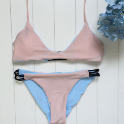 Pure Color Blue Nude Two Sides Wear Two Piece..