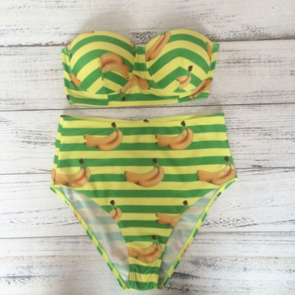Yellow Stripe Banana High Waist Two Piece Bikini