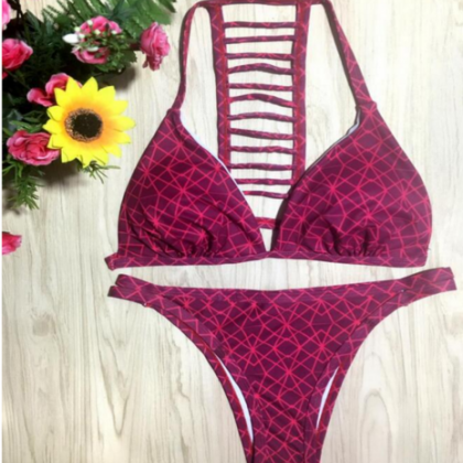 Red Geometric Back Interval Hollow Two Piece..