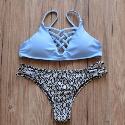 Leopard Hollow Out Bandage Bikini Swimsuit..
