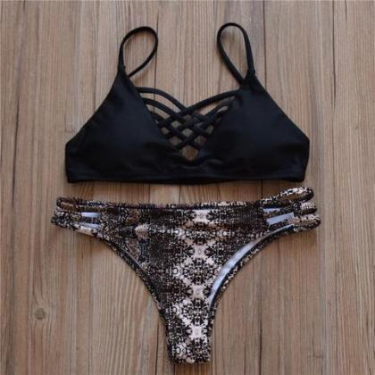Leopard Hollow Out Bandage Bikini Swimsuit..