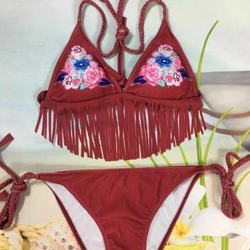 Red Two-piece Braided Halter Bikini Featuring With..