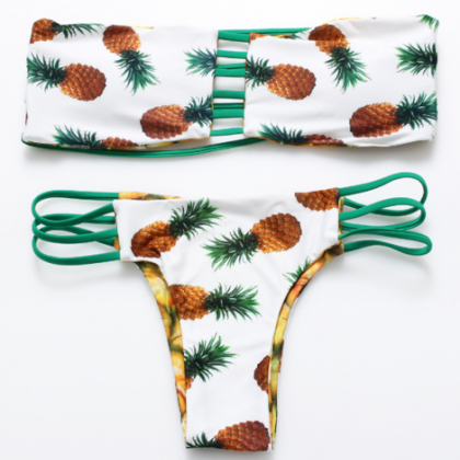 Fashion Pineapple Print Strapless Chest Hollow..