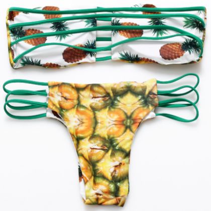 Fashion Pineapple Print Strapless Chest Hollow..