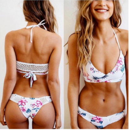 White Floral Print Back Knot Hanging Neck Two..