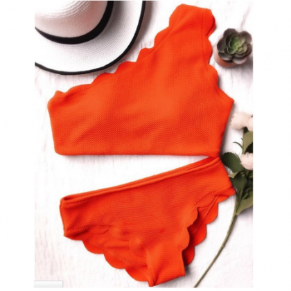 High Waist Scalloped One Shoulder Straps Two Piece..