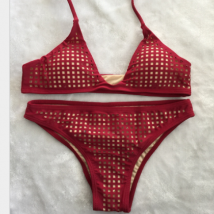 Women Straps With Mesh Bikini Red Two Piece Bikini