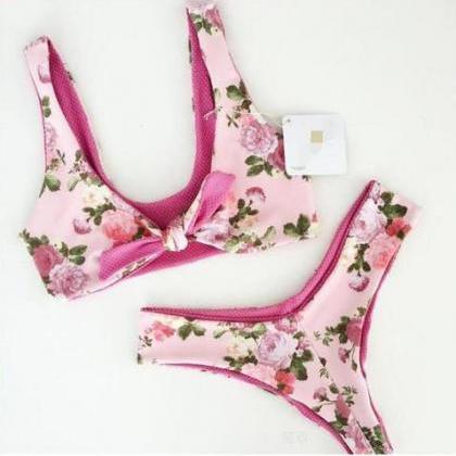 Pink Sexy Chest Bowknot Floral Print Two Piece..