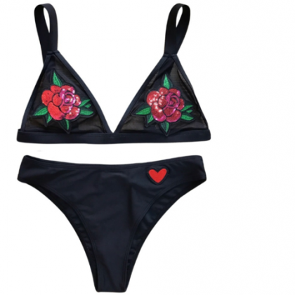 Fashion Black Chest Rose Three-point Swimsuit Two..