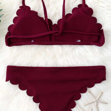 Sexy Pure Color Wine Red Scalloped Edge Two Piece..