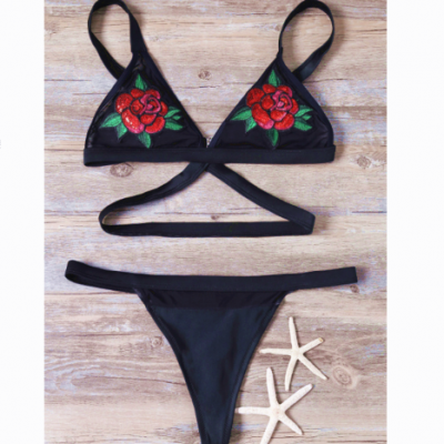 Sexy black two rose red embroidery chest straps cross two piece bikini