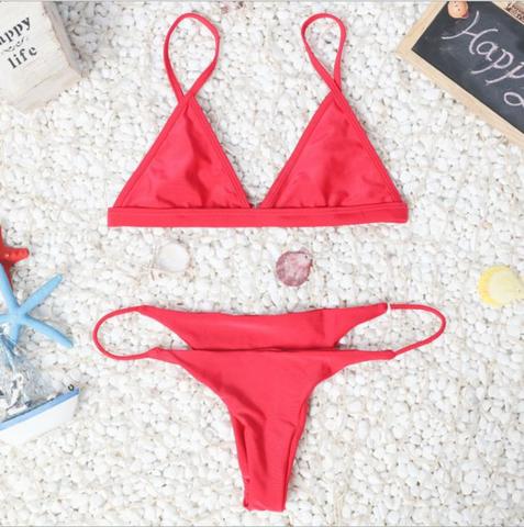 Sexy Three-point Type Simple Two Piece Bikini Pure Color Red on Luulla