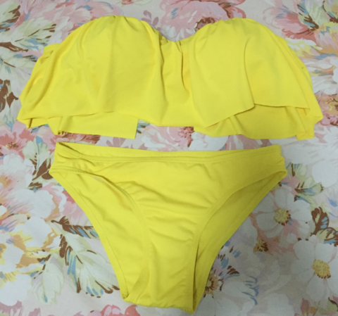 Pure Color Yellow Halter Lotus Two Piece Bikini