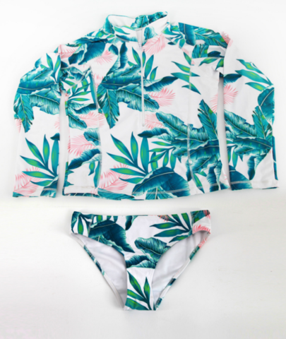 Fashion Long Sleeve Chest Zipper Green Leaf Print Two Piece Bikini