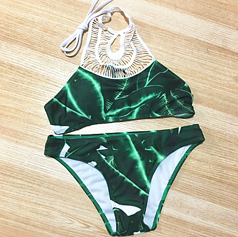 High Neck Lace Halter Green Leaf Print Two Piece Bikini