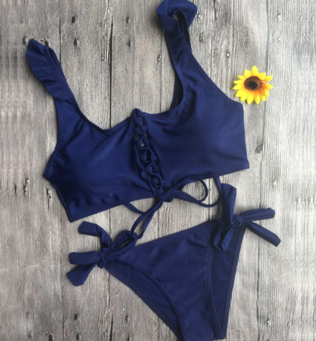 The Fashion Pure Navy Blue Chest Lace Bottom Side Knot Two Piece Bikini
