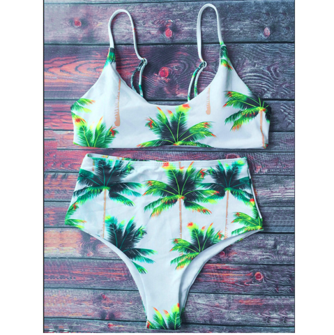 The Fashion White Green Coconut Tree Print High Waist Two Piece Bikini