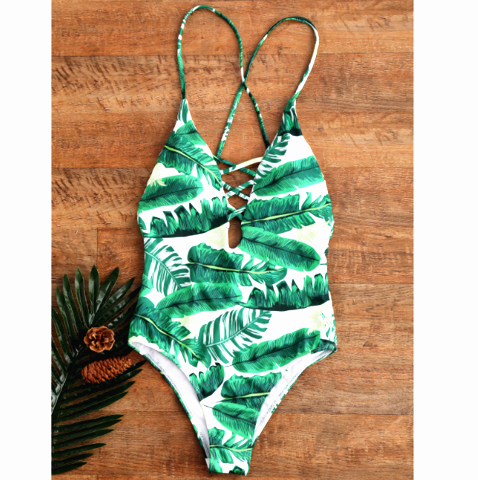 White Green Leaf Print Chest Cross Hollow One Piece Bikini Show Thin