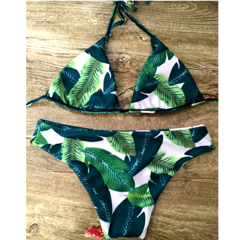 Fashion Green Leaf Print Halter Back Knot Two Piece Bikini