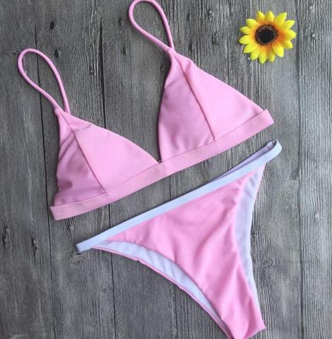 Cute Pure Pink Edge White Two Piece Bikini Swimsuit