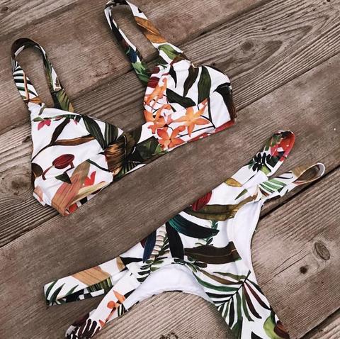 Fashion White Colorful Leaf Print Bottom Side Open Two Piece Bikini
