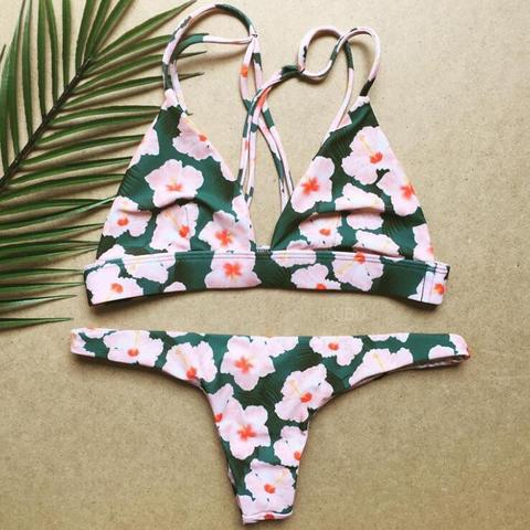 Green Two-piece Bikini Triangle Top And Bottom With Floral Print
