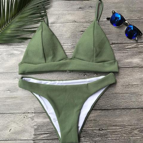 Fashion Pure Army Green Line Two Piece Bikini Swimsuit