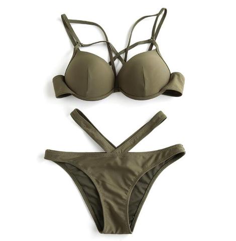 Hot sale pure army green polyline open two piece bikini show body
