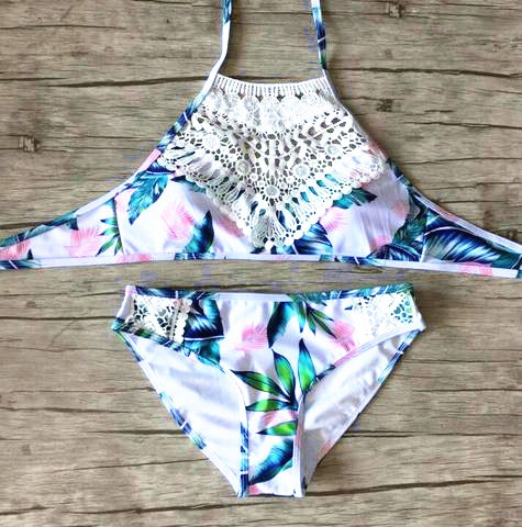Fashion Pink Green Leaf Print High Neck Halter Back Knot White Weave Hollow Two Piece Bikini Swimsuit