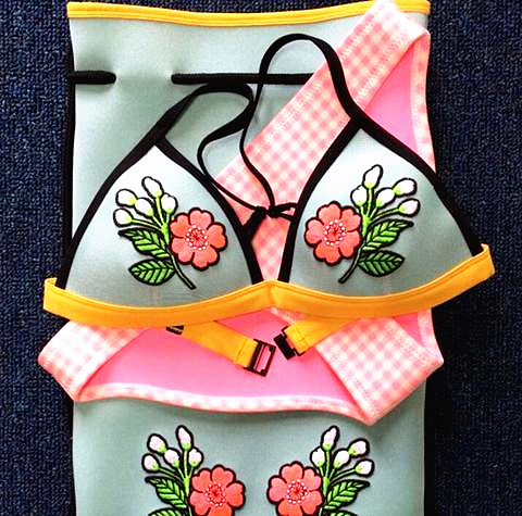 Sexy Fashion Two Flower Embroidery Yellow+pink Bottom Two Piece Bikini
