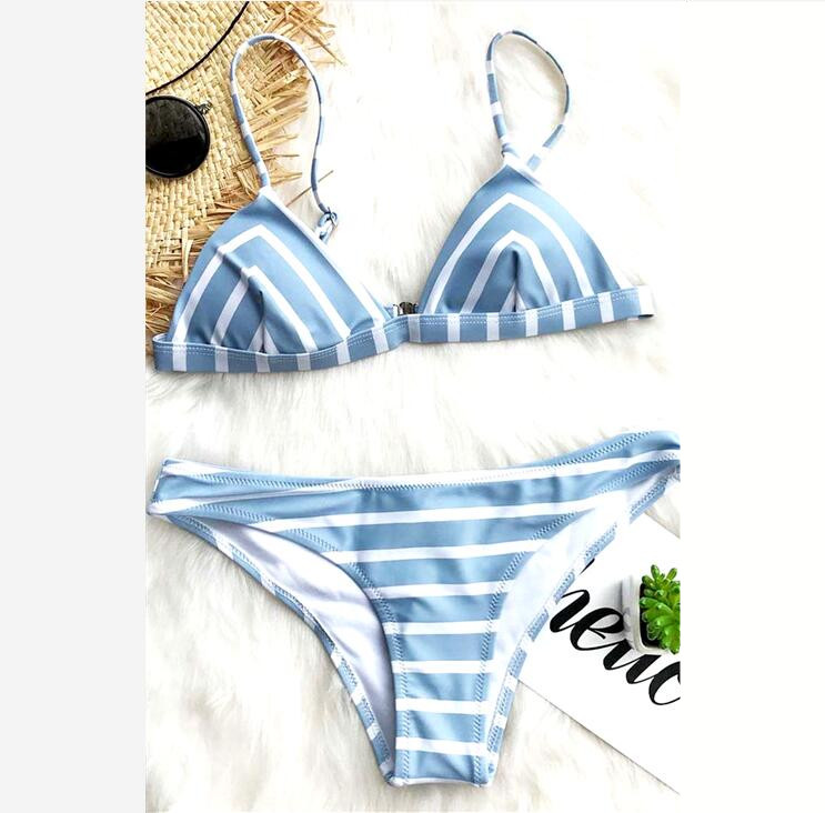 New fashion blue white stripe sexy two piece bikini swimsuit set