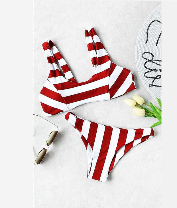 Sexy Red White Stripe Two Piece Bikini Vest Type Swimsuit