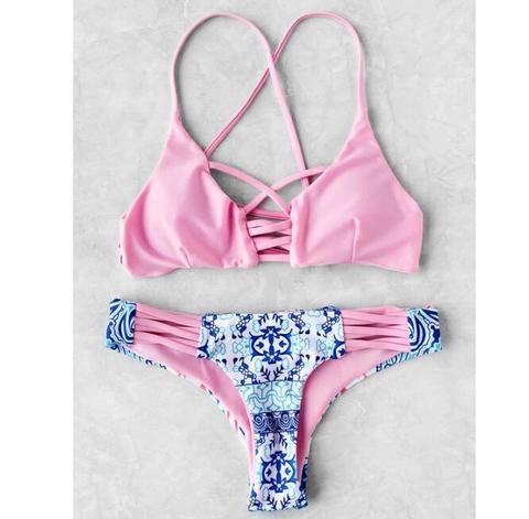 Fashion Sexy Chest Cross Hollow Two Piece Bikini Bath Suit Show Thin Pink
