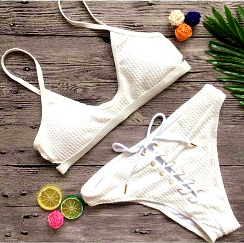 The White Sexy Pure Color Bikini Bottom Lace Up Two Piece Swimsuit
