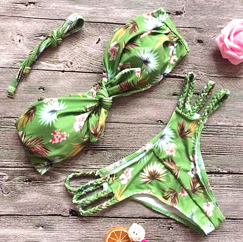 Green Floral Print Strapless Bow Shape Bottom Side Braid Hollow Two Piece Bikini
