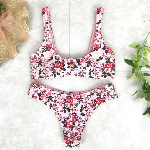 Sexy Cute Pink Floral Print Vest Type Two Side Wear Knot Two Piece Bikini