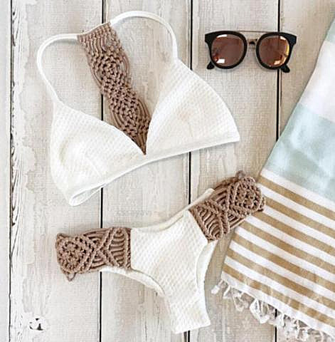 Sexy Crochet Strap Beach Bikini Set Swimsuit Swimwear White Khaki Weave Two Piece Bikini