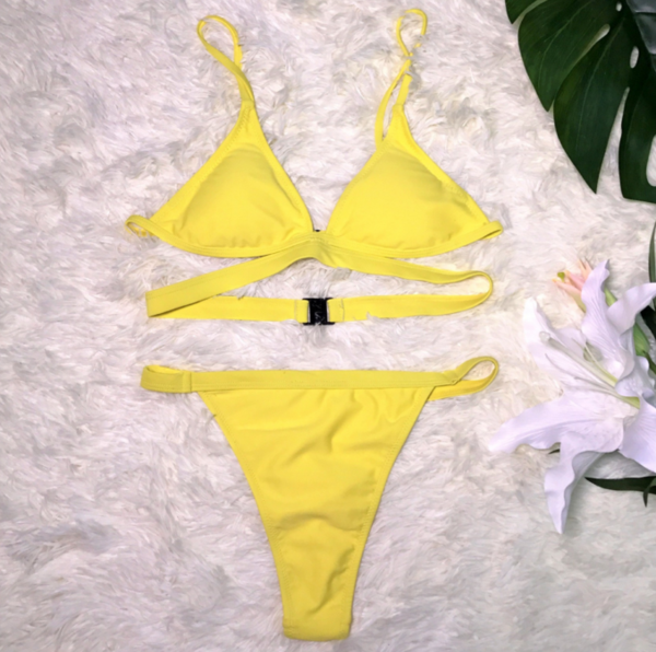 Women Sexy Summer Pure Color Lemon Yellow Straps Show Thin Fashion Two Piece Bikini