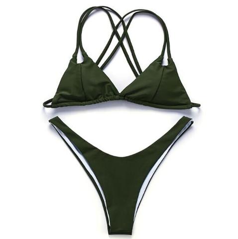 Pure Color Two Straps Back Knot Army Green Simple Two Piece Bikini