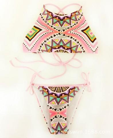 Sexy Pink Geometry Print High Neck Two Piece Bikini Bottom Side Knot Swimsuit