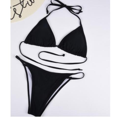 Pure black simple halter back knot two piece bikini