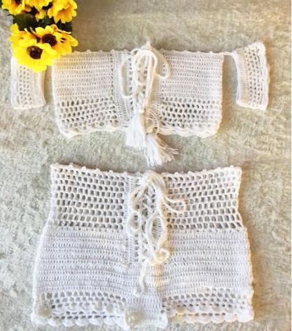 Summer Hand Hook Knit Weave Sexy Hollowed-out Style Swimsuit Off Shoulder Short Sleeve Two Piece Bikini White