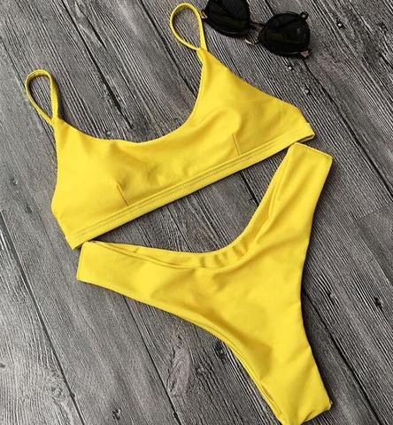 Pure Yellow Vest Type Two Piece Bikini Swimsuit on Luulla