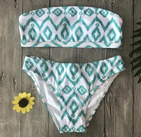 Sexy Green White Wave Line Geometry Print Strapless Two Piece Bikini