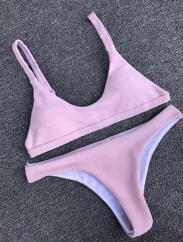 Sexy Pure Color Simple Vest Type Thong Bottom Two Piece Bikini Blue