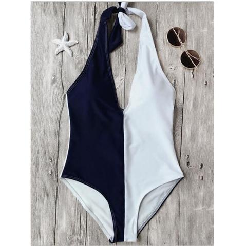 Sexy Halter Navy Blue White Splicing Color One Piece Bikini Show Thin