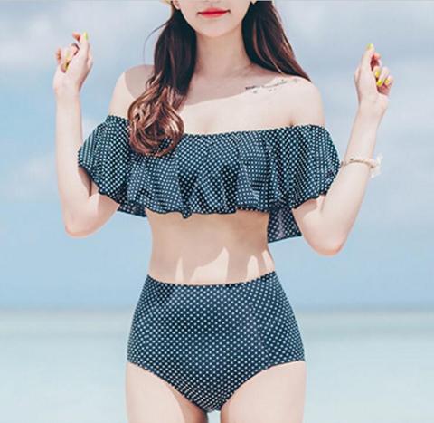 Women Fashion Navy Blue Dots Print Off Shoulder Lotus High Waist Two Piece Bikini