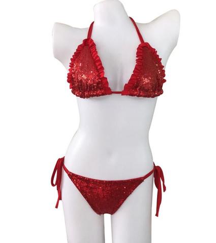 Sexy Red Sequins Shining Four Knot Two Piece Bikini